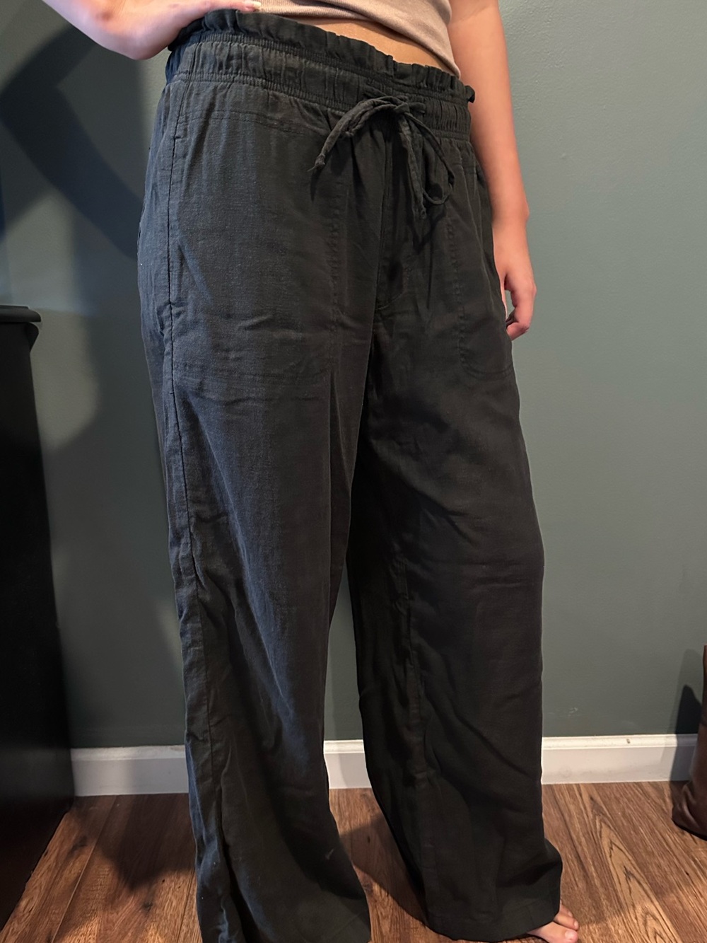 American Eagle Outfitters Black Wide-Leg Linen Blend Drawstring Pants